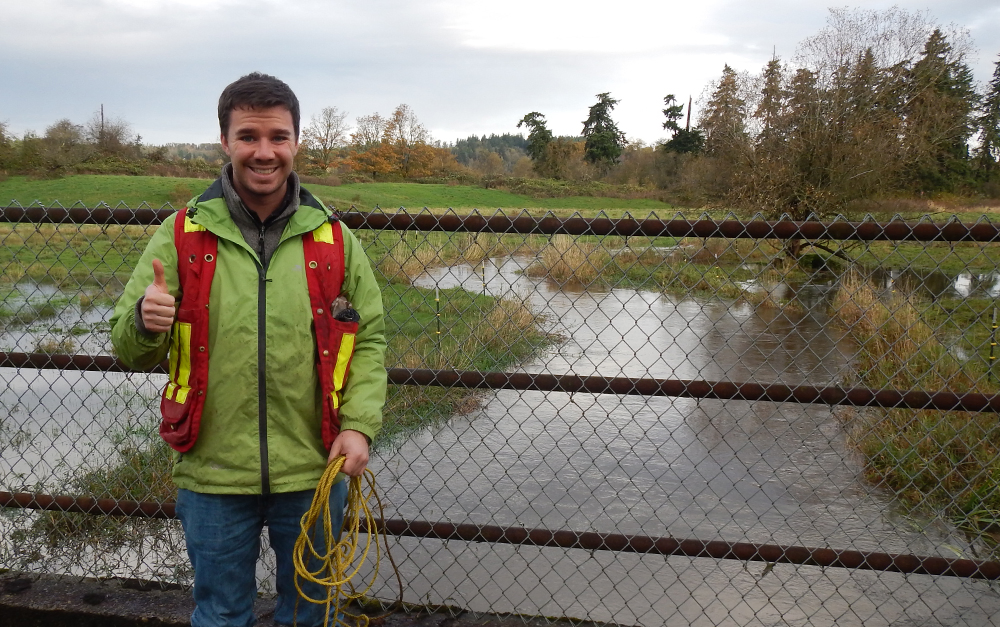 Andrew Baylis Poses on Bridge over Little Campbell River