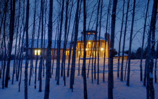 Trees in front of house with lights on in evening