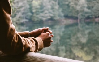 Praying hands with trees in the background