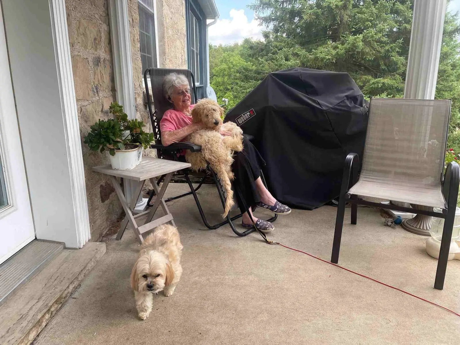 Lyndia and her dogs sitting outside her home.