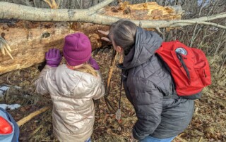 young girl and female leader looking for bugs in log