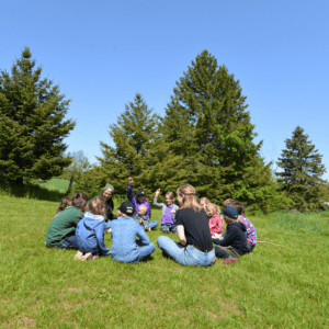 Nature Academy class sitting in a circle in a field. Some students raising their hands.