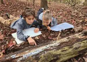 2 students examining salamanders in the Cedar Haven forest.