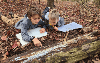 2 students examining salamanders in the Cedar Haven forest.