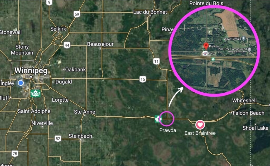 A map of South Eastern Manitoba with a close up of Prawda Manitoba