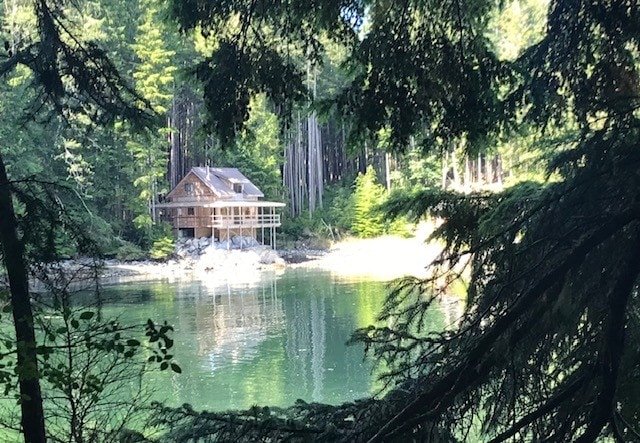 cabin in the forest next to water 