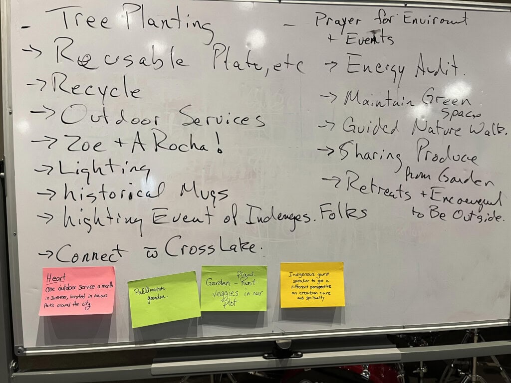 a whiteboard full of brainstorming ideas for creation care at church